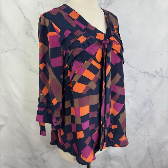 Anthropologie Silk Tunic Blouse Top M Office geometric 70s style Pleated Artsy - Picture 8 of 14